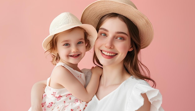 Collaje de mujer feliz y su adorable hija en fondo de color Feliz Día de la Madre