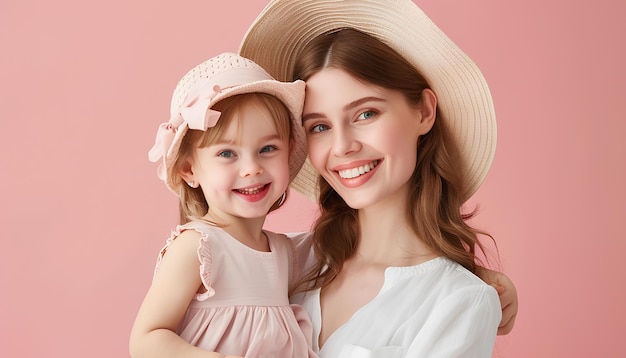 Collaje de mujer feliz y su adorable hija en fondo de color Feliz Día de la Madre