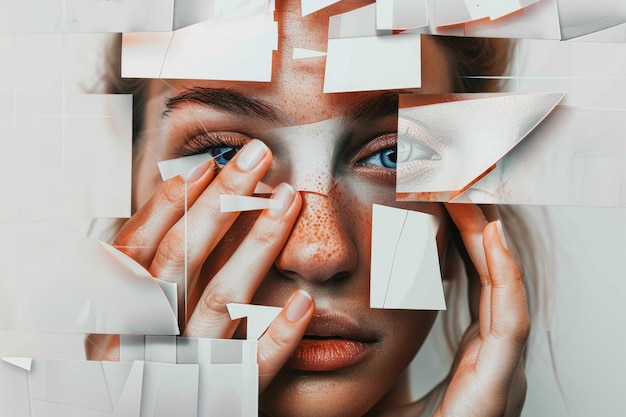 Foto collaje de mujer sosteniendo en fondos blancos