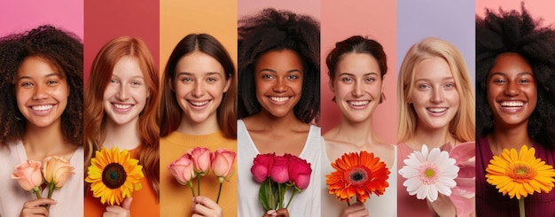 Foto collaje de mujeres radiantes sonriendo entre las flores de primavera