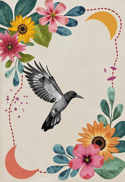 Collaje de la naturaleza con diseños florales de pájaros