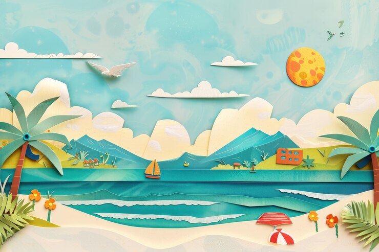 Collaje de papel cortado para las vacaciones de verano Fondo de plantas tropicales marinas de verano