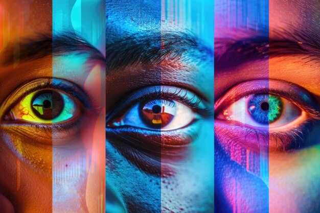 Collaje de personas diversas con ojos sonrientes sobre un fondo colorido