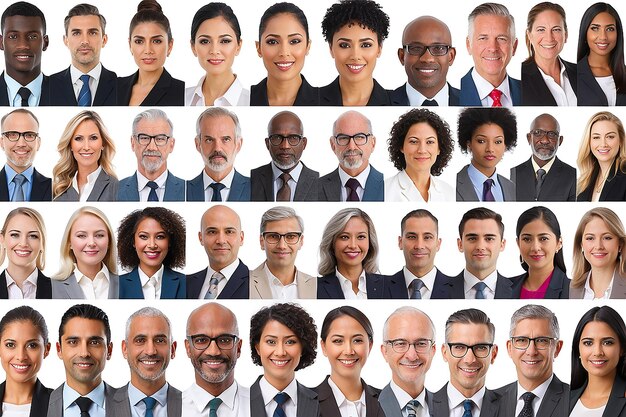 Collaje de retratos de un grupo de edad étnicamente diverso y mixto de profesionales empresariales enfocados