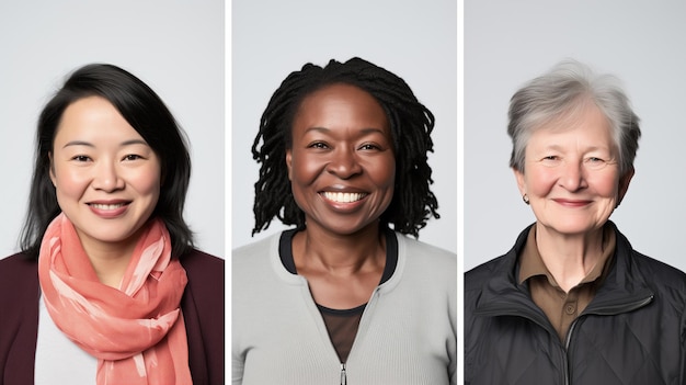 Foto collaje de retratos de mujeres diversas que representan el multiculturalismo y la inclusión