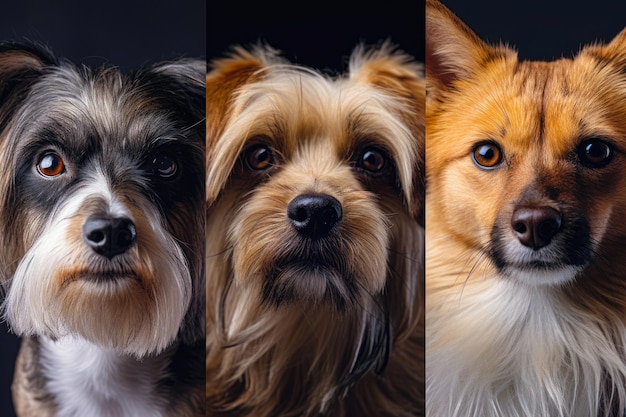 Collaje de retratos de tres perros lindos de IA generativa