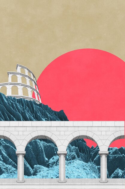 Collaje surrealista con elementos de arquitectura clásica concepto de póster de arte portada de zine paisaje urbano antiguo