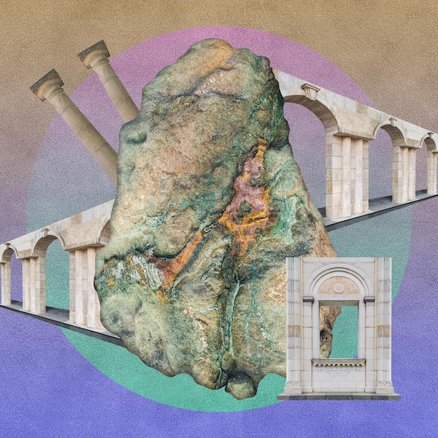 Collaje surrealista con elementos de arquitectura clásica concepto de póster de arte portada de zine paisaje urbano antiguo