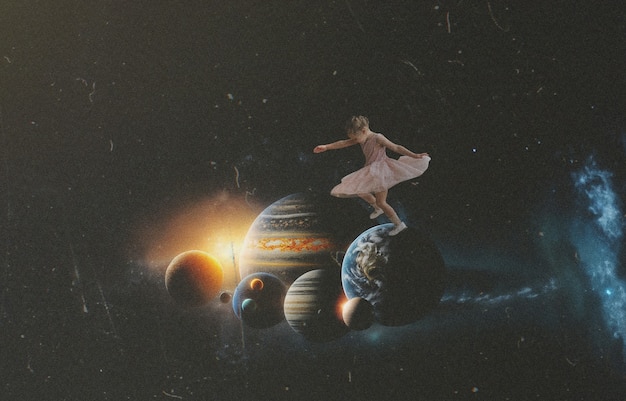 Foto collaje surrealista de una persona interactuando con el sistema solar