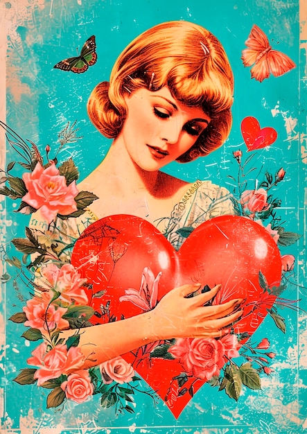 Collaje de tarjetas vintage para el Día de San Valentín con personas enamoradas