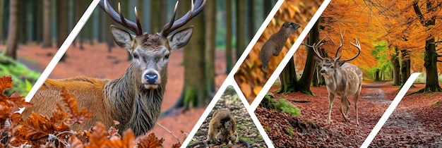 Collaje vibrante que muestra la belleza de la naturaleza paisajes vida silvestre y líneas verticales blancas