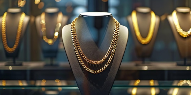 Un collar de cadena de oro reluciente expuesto en una boutique femenina