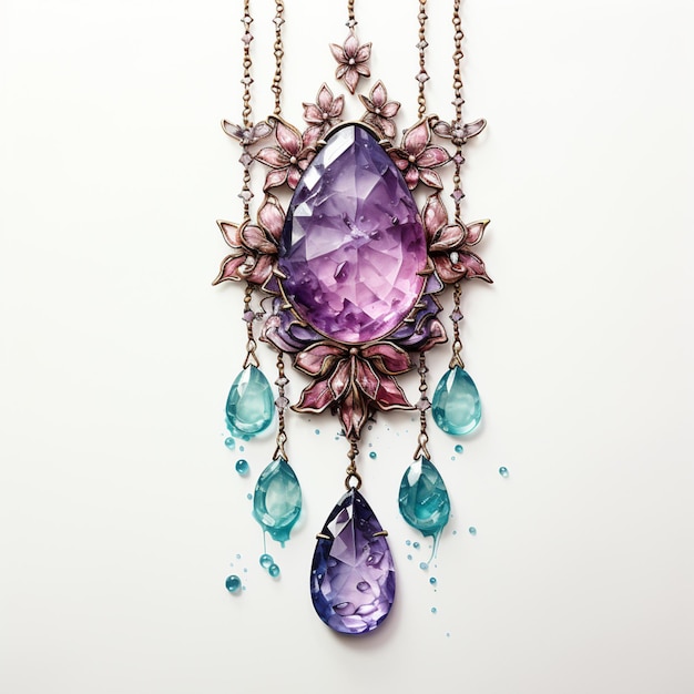 collar de color púrpura y azul con una gran piedra púrpida y cristales azules generativo ai