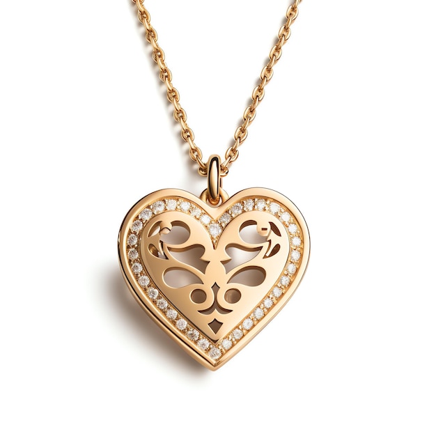 Un collar de corazón de oro con diamantes.