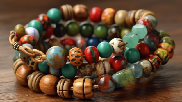 Un collar de cuentas de colores con una base de madera y una base de madera.