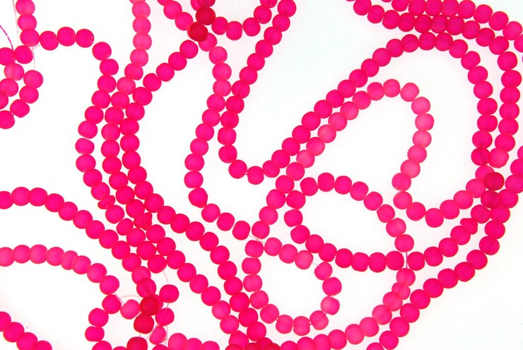 Foto collar con cuentas rosas contra un fondo blanco