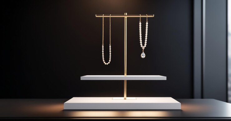 Collar de diamantes de lujo en soporte de joyas en fondo oscuro
