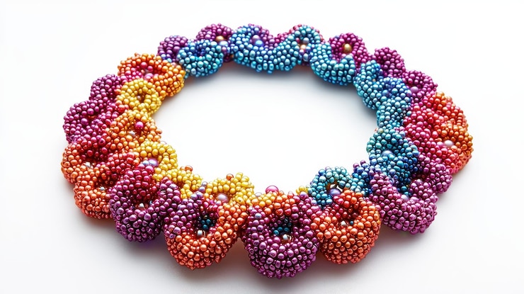Foto collar hecho a mano con cuentas de colores en un diseño vibrante que muestra creatividad y artesanía