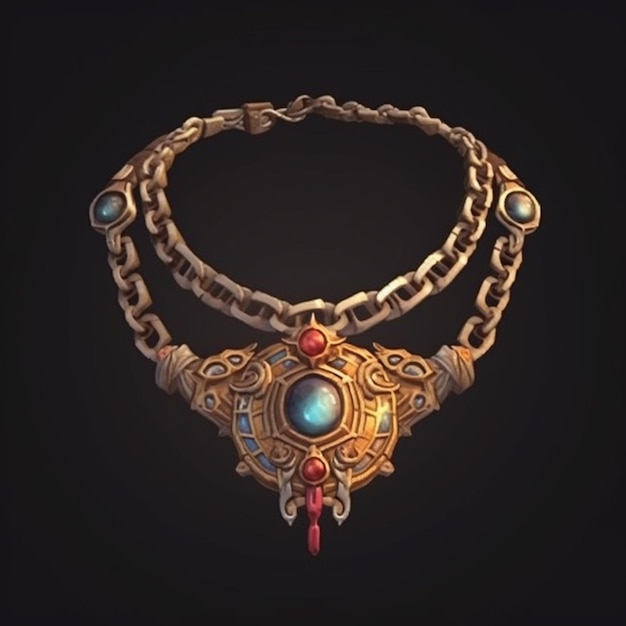 un collar de oro con una piedra azul y cuentas rojas generativo ai