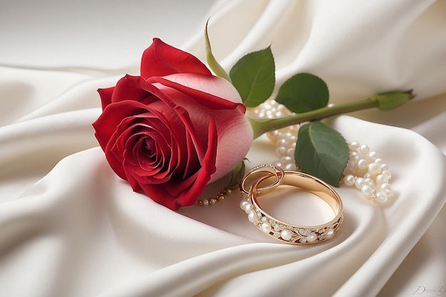 Collar de perlas de rosa y anillos de boda sobre satén blanco