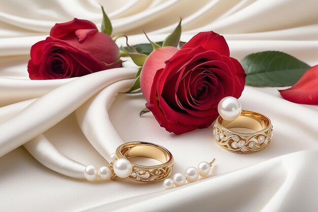 Collar de perlas de rosa y anillos de boda sobre satén blanco