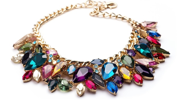 Un collar con piedras preciosas de colores y una cadena de oro sobre fondo blanco.