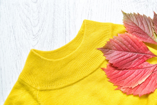 Collar de suéter amarillo y hojas rojas de cerca