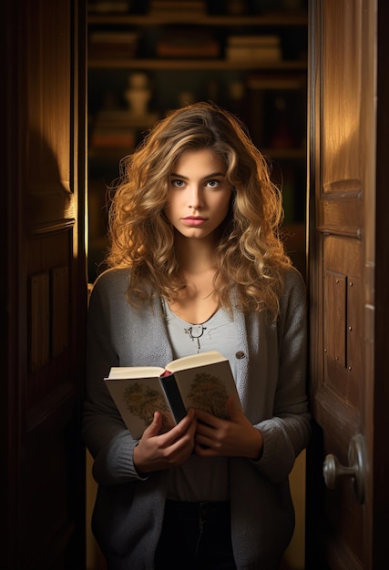 College-Mädchen mit einem Buch, das aus der Bibliothek kommt