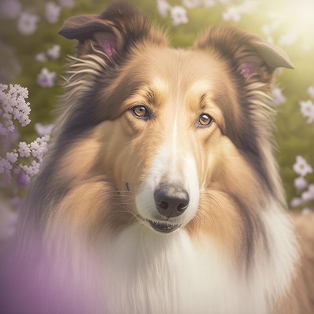 Collie áspero realista con retrato de cabello esponjoso en la naturaleza deslumbrante al aire libre