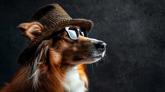 Un Collie con sombrero y gafas de sol se ve con estilo a un lado