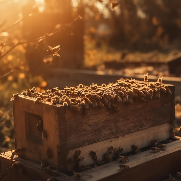 Una colmena con abejas al sol