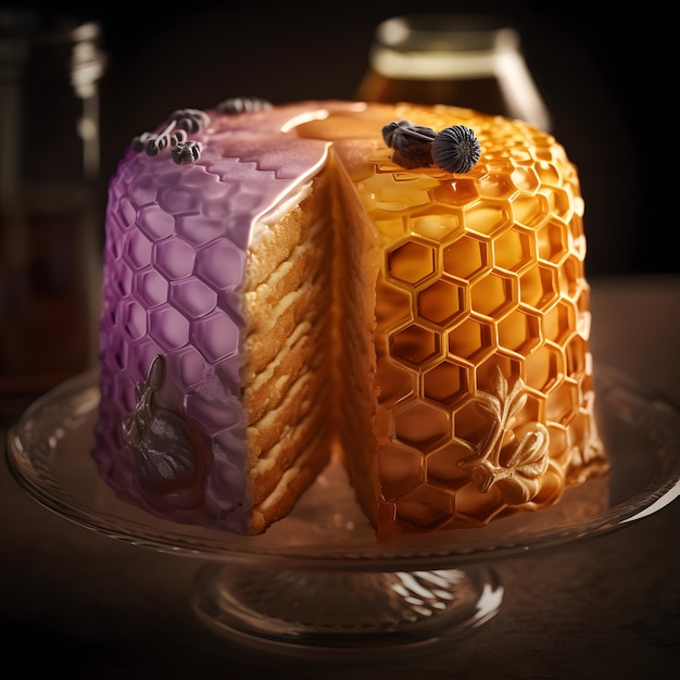 colmena de abejas y miel de color amarillo en el pastel