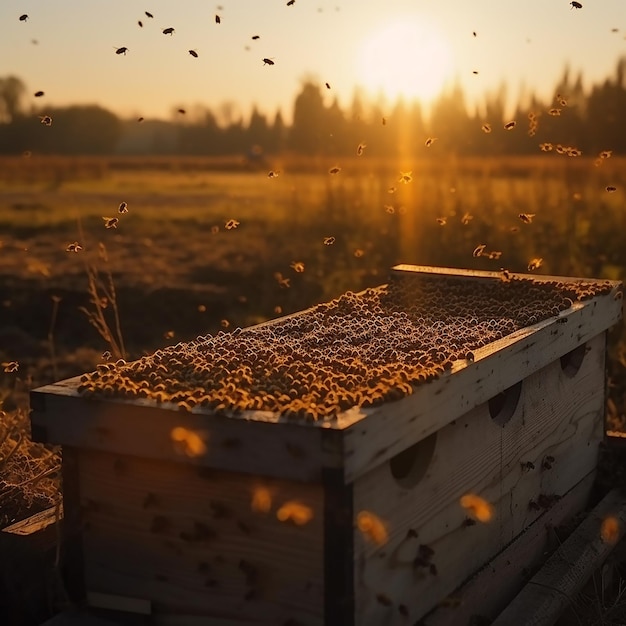 Una colmena de abejas se recoge en una caja al atardecer.