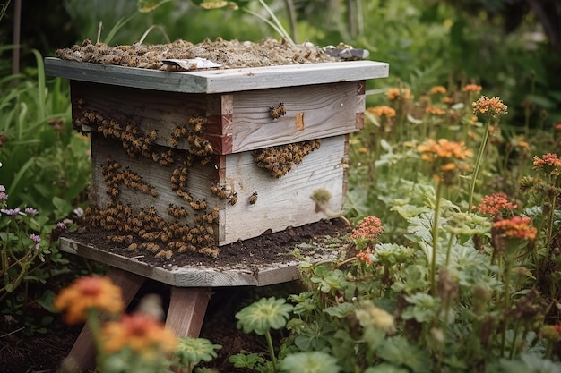 Foto colmena en el jardín con abejas reunidas en primer plano