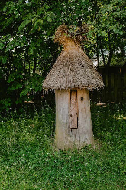 Foto colmena de madera vieja con techo de paja