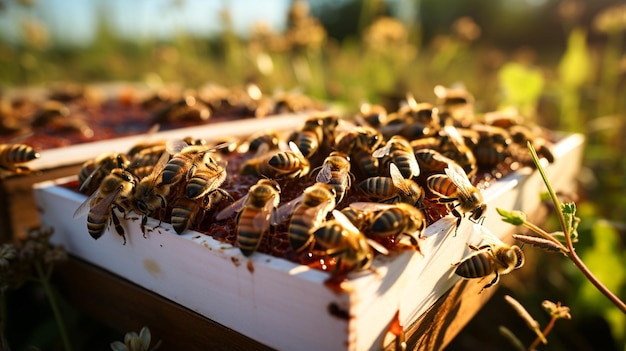 Las colmenas y las abejas en el apiario de cerca