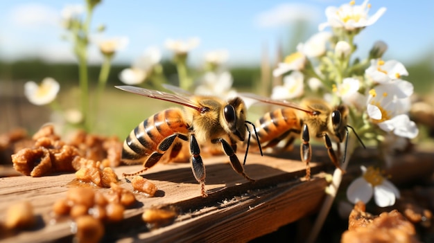 Las colmenas y las abejas en el apiario de cerca