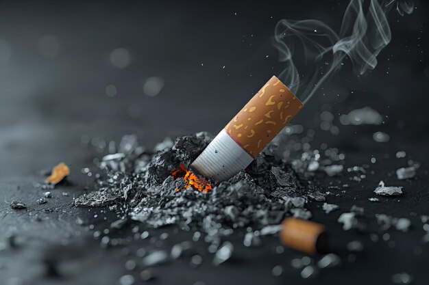 Colmillo de cigarrillo con cenizas y humo en primer plano de fondo oscuro