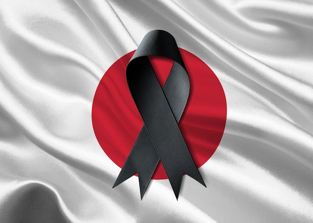 Se coloca una cinta negra en una bandera japonesa.