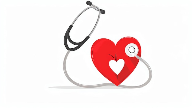 Foto se coloca un estetoscopio en un corazón rojo el estetoscopio es negro y gris el corazón tiene una línea blanca de ecg el fondo es blanco