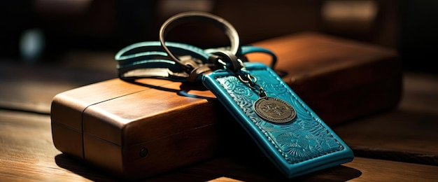 Se coloca una etiqueta de viaje azul en una caja de madera al estilo de la piel de cuero.