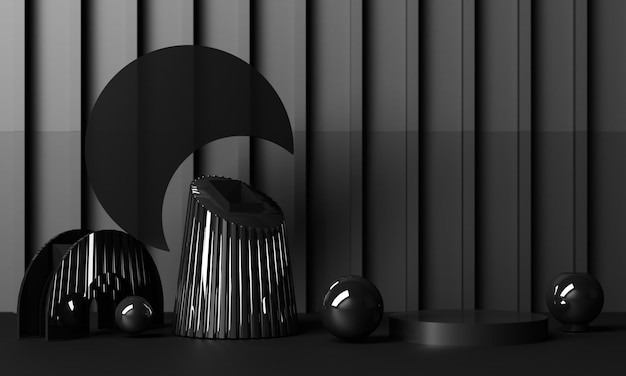 Coloca las formas geométricas con texturas negras brillantes y espejos en un fondo negro 3D