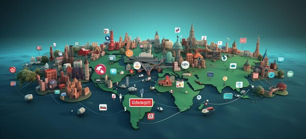 Foto coloca iconos populares de las redes sociales en diferentes continentes en un mapa del mundo