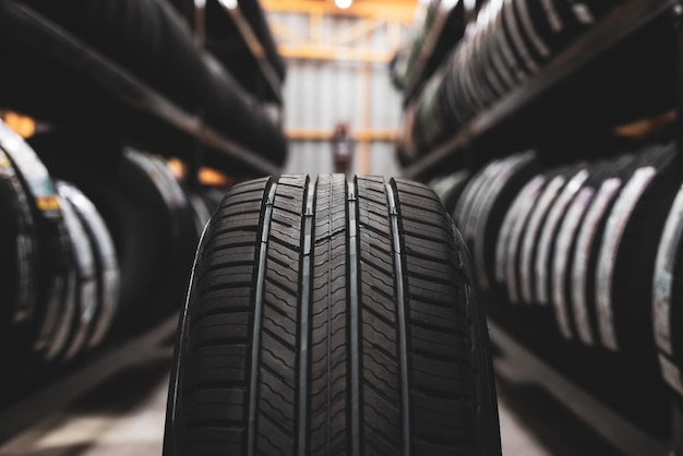 Foto se coloca un neumático nuevo en el estante de almacenamiento de neumáticos en el taller de automóviles esté preparado para los vehículos que necesitan cambiar neumáticos