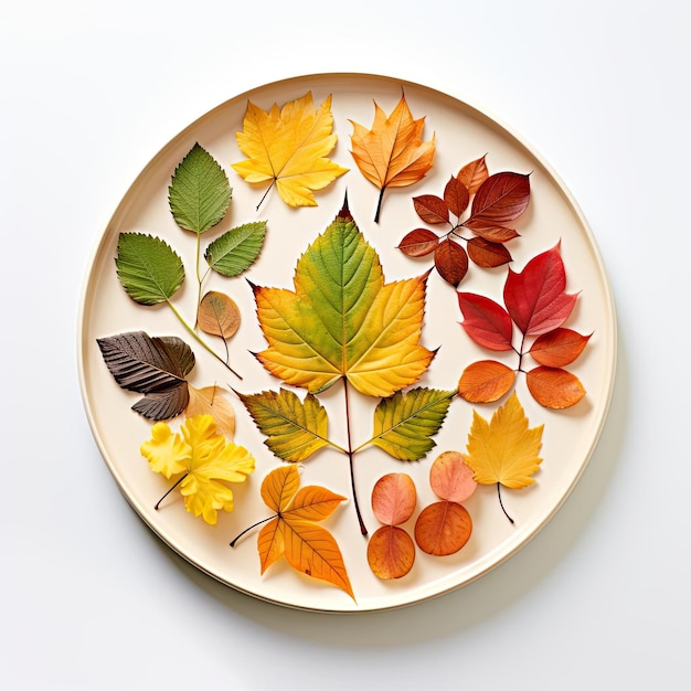se coloca un plato pequeño en medio de hojas frescas de otoño al estilo de cuadros animados