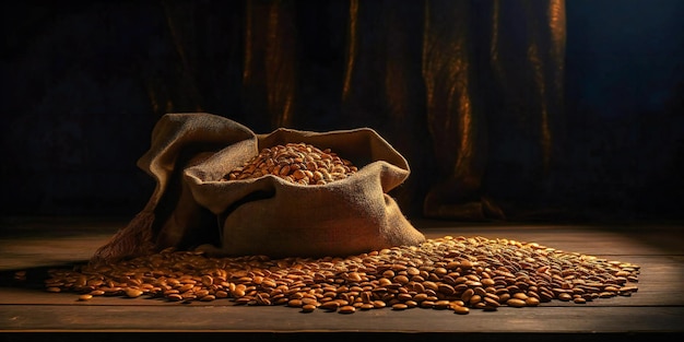 Se coloca un saco de granos de café sobre una mesa.