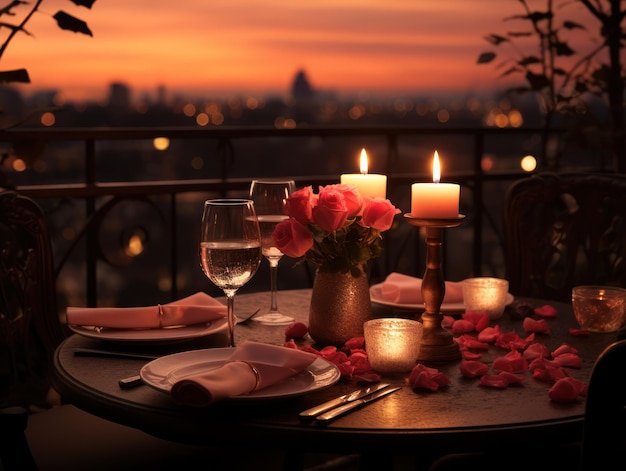 Colocação da mesa do dia de São Valentim com rosas à luz de velas e bela vista Gerada por IA