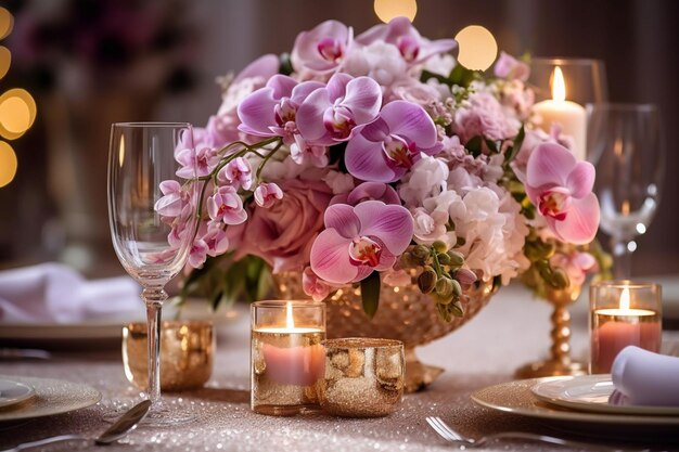 Colocação de mesa em um casamento de luxo e belas flores na mesa