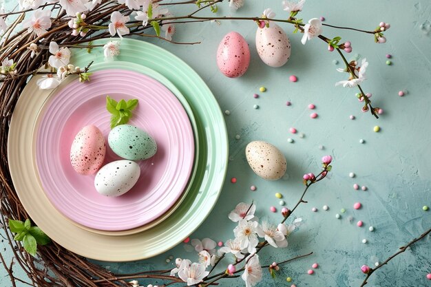 Colocação de mesa pastel arco-íris de Páscoa para jantar com pratos de cerâmica, flores e ovos de Páscua