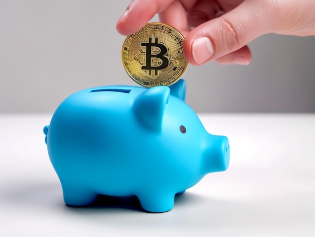 Colocação manual de Bitcoin em um coelho azul em fundo branco Conceito de poupança e investimento IA geradora